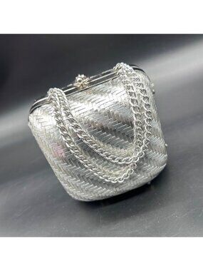 Vintage Clutch Purse Handbag Silver Woven Chain Strap Italy Evening Bag Small